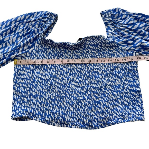 ELOQUII Smocked Crop Top Plus Size 22/24 Long Sleeve 3X Blue & White 100% Rayon - Picture 7 of 10